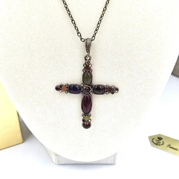 Premier Designs Vintage Bronze Oval Link Chain Cross Pendant Bezel Set‎ Crystals - Picture 4 of 5